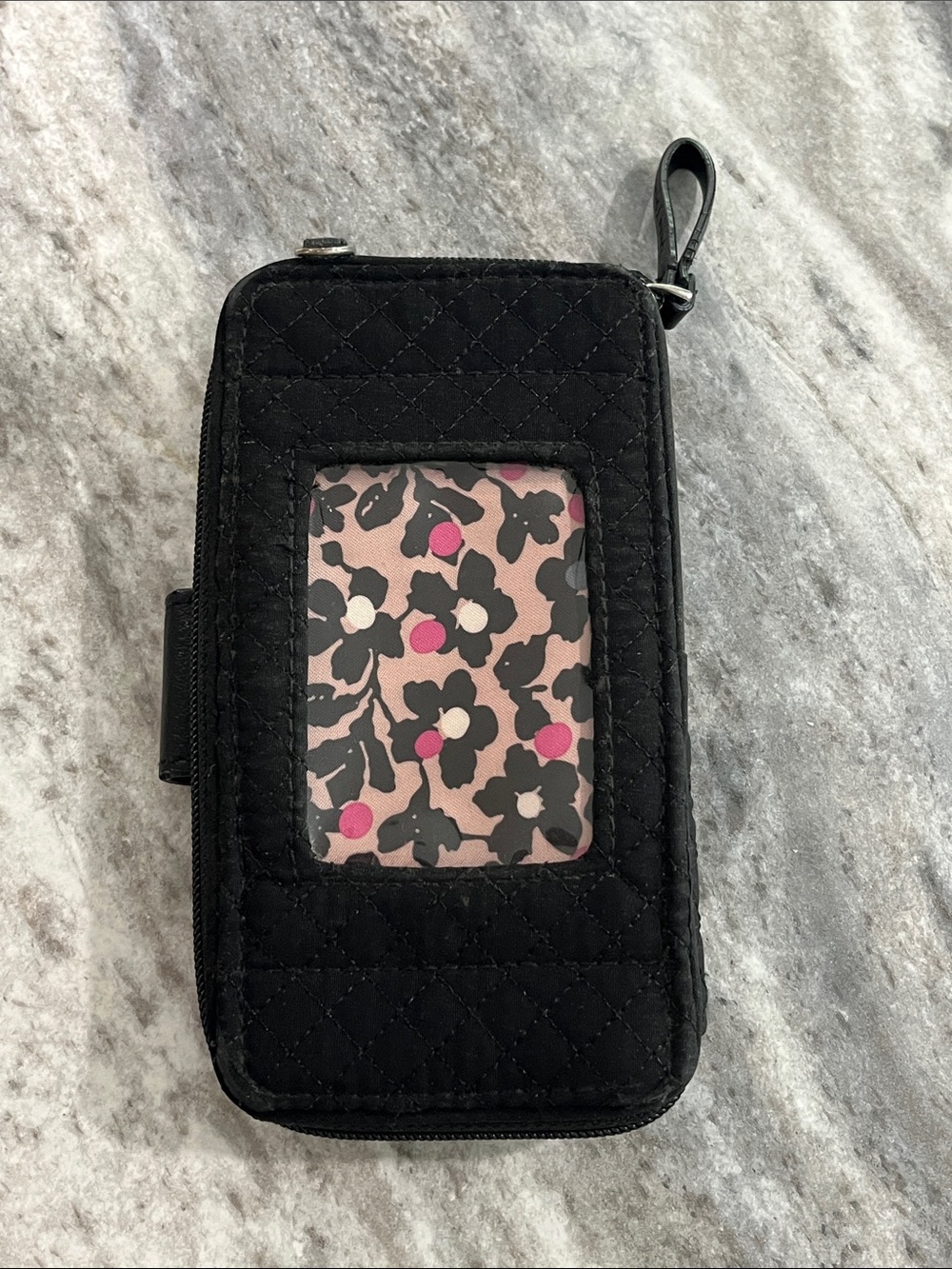 Vera Bradley Black Quilted Wristlet Wallet with Pink Floral ID Window